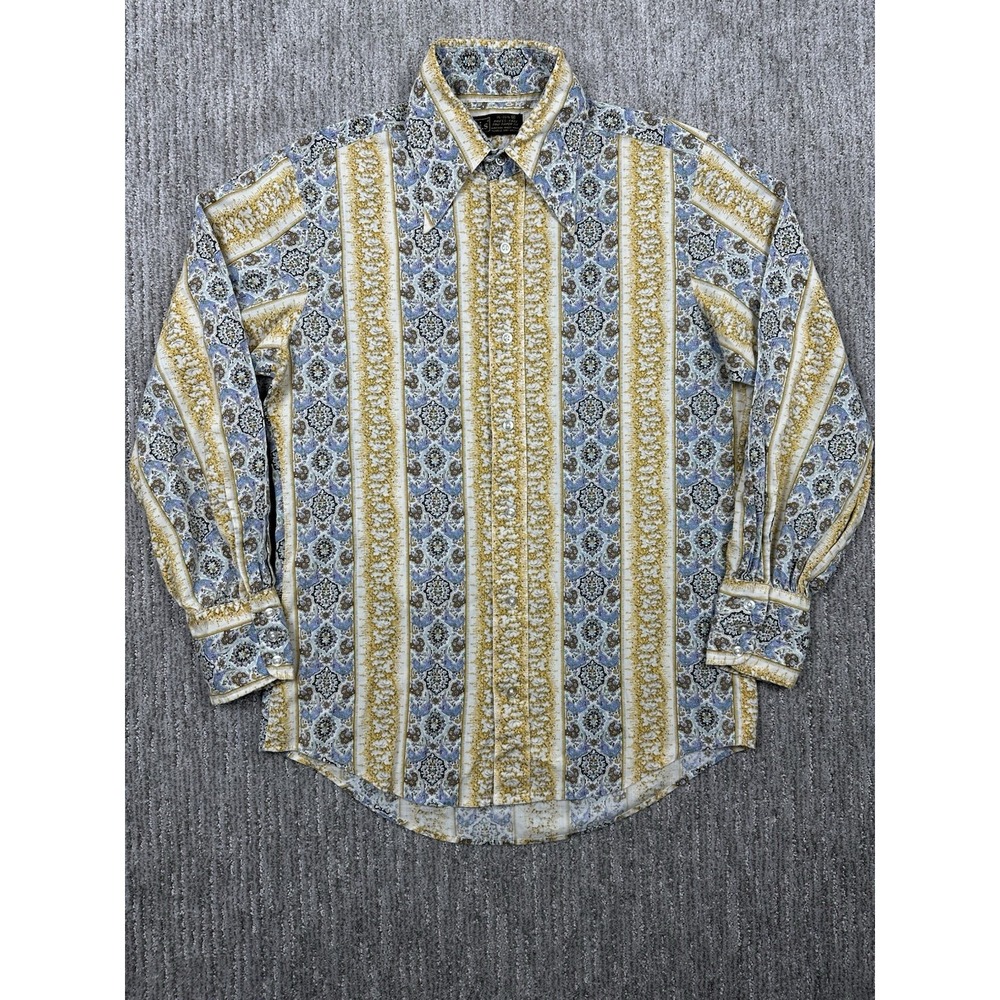 Vtg 70s H.I.S Mens Press Free Abstract Long Sleeve Button Down Shirt Size M 15.5